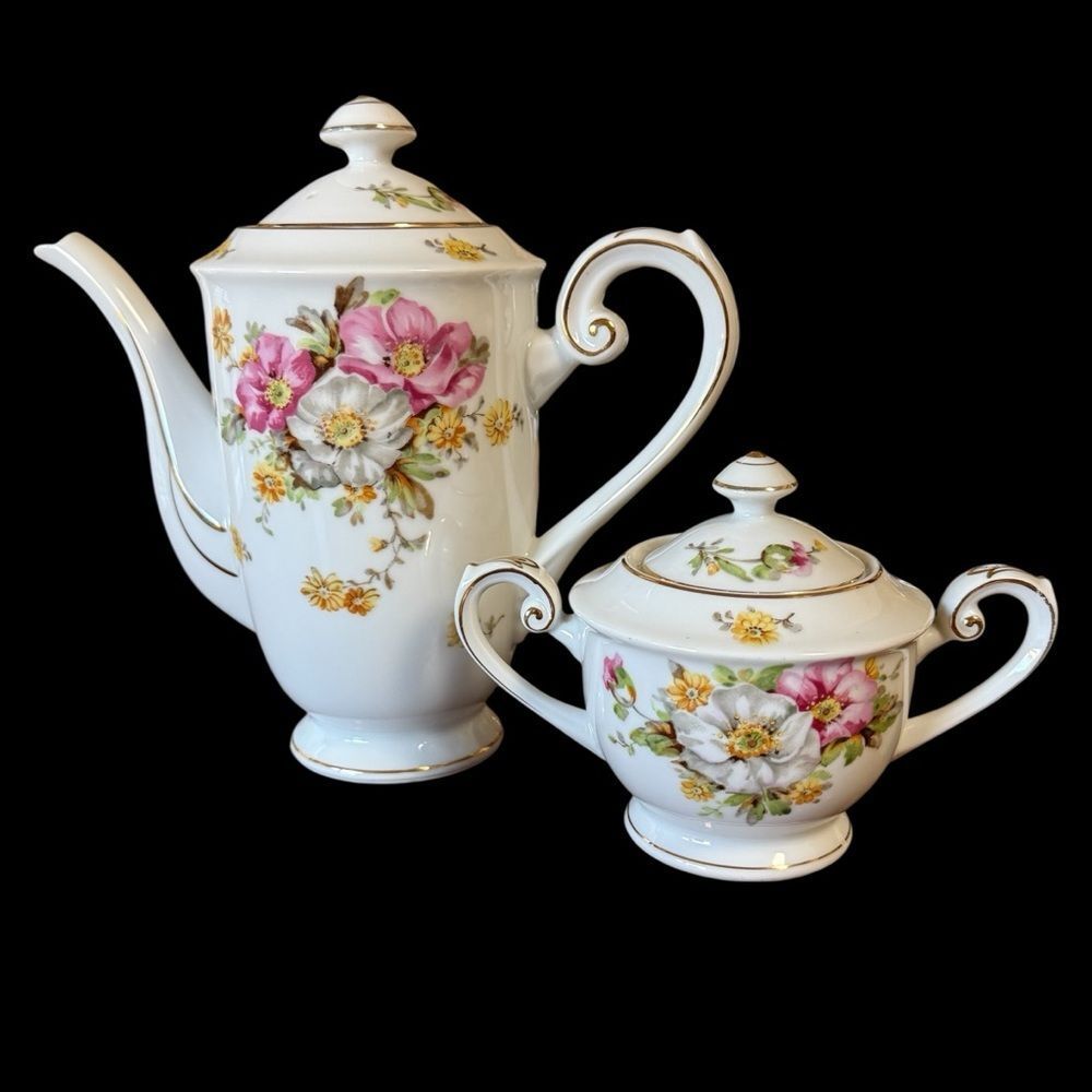 Vintage Albion 1950’s Floral Porcelain Teapot Sugar Dish Set White Pink Yellow